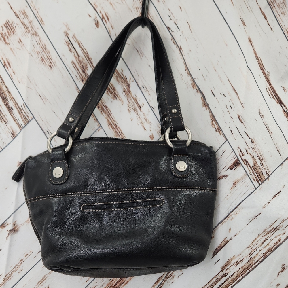 Fossil‎ Hanover Black Leather Satchel Bag